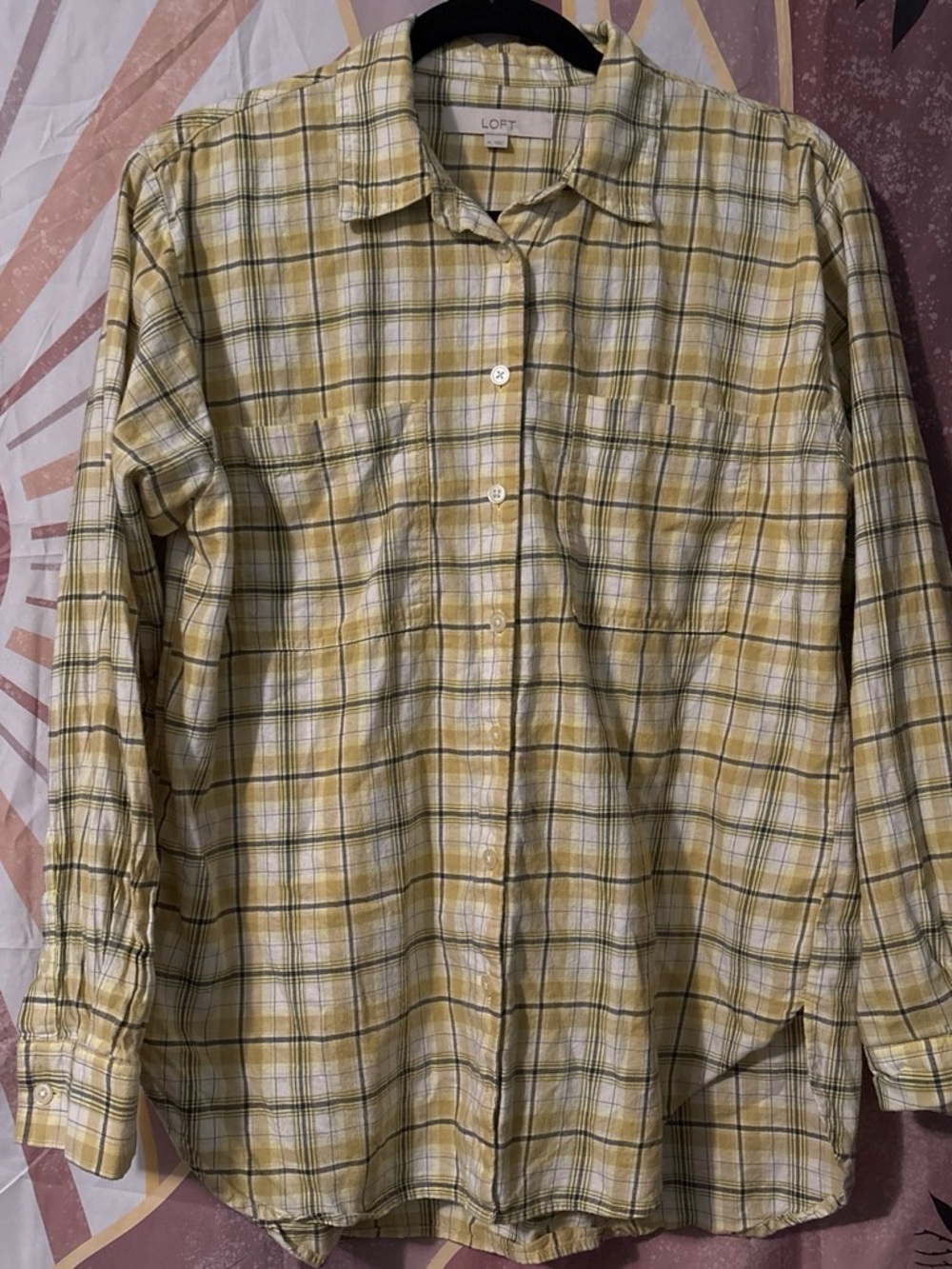 LOFT Women’s Yellow and White Plaid Button-Down Shirt preppy casual or dress up